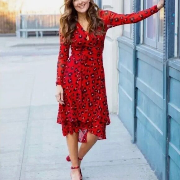 CAbi 5771 Vivien Siren Wrap Midi Dress Red and Black Leopard Animal Print V-Neck - Picture 6 of 16
